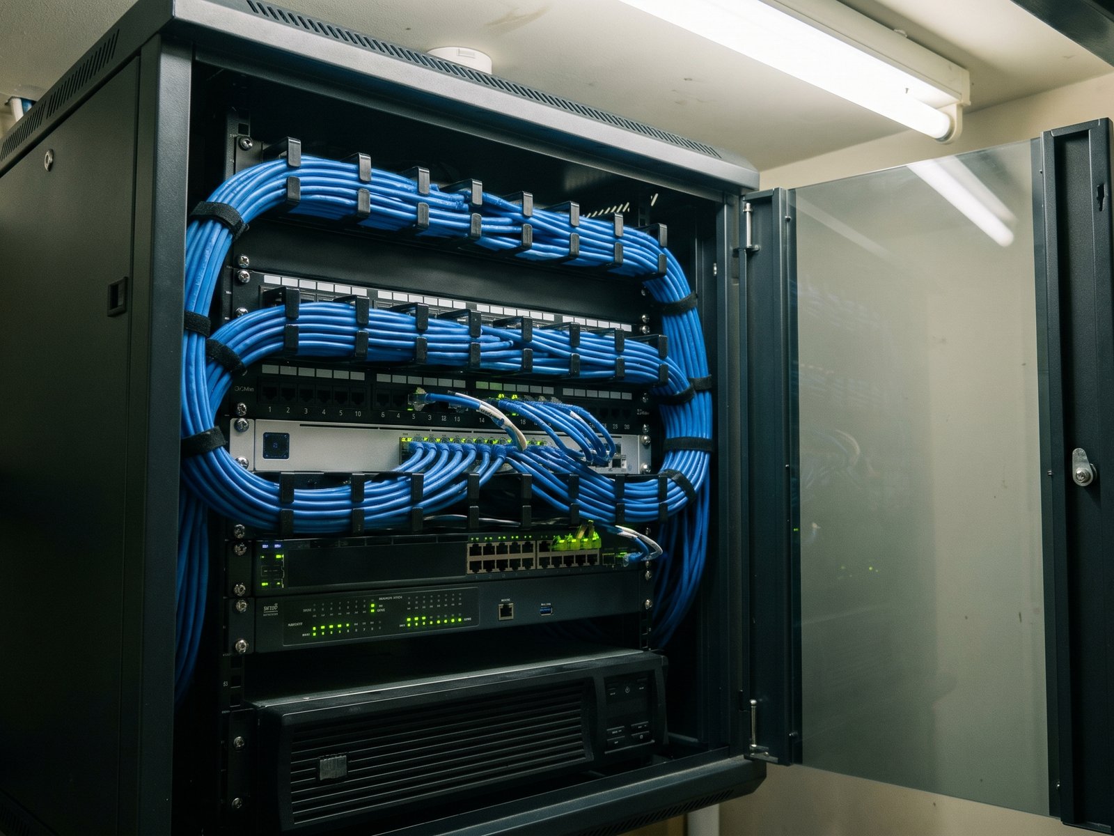 Cat6A comms-room rack build, Paget industrial estate.